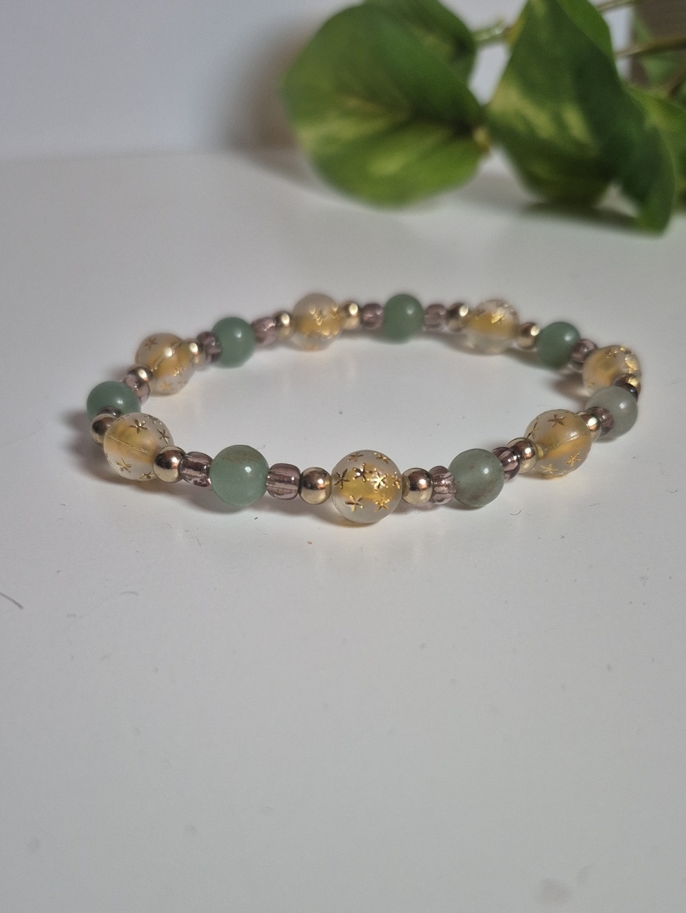 Handcrafted Green Aventurine and Gold Star Bead Bracelet